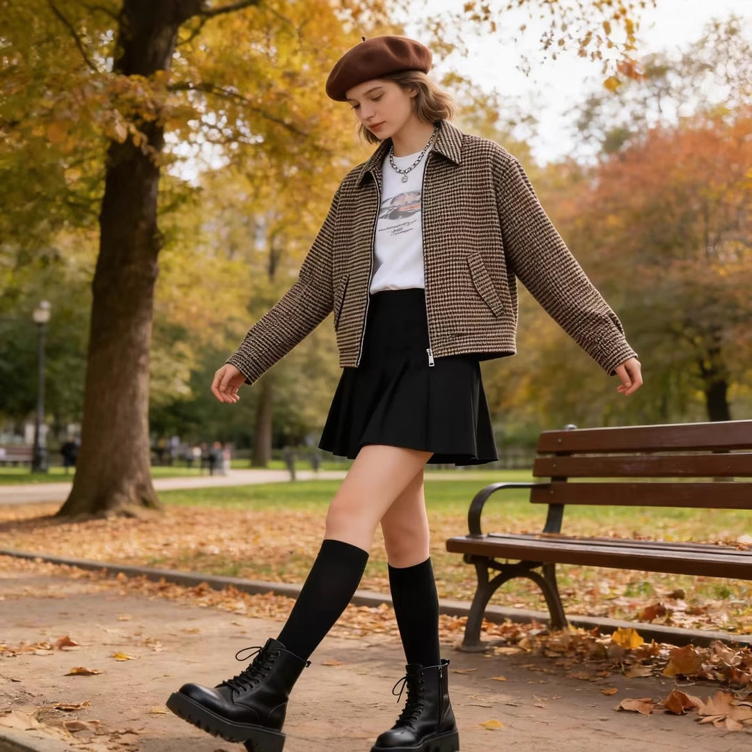 Damen Boxy-Kurzjacke aus Wollmix mit Hahnentrittmuster, Reißverschluss und Hemdkragen Drune
