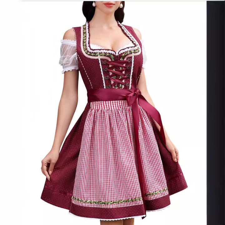 Damen  traditionelles Dirndlkleid mit Spitzenärmeln Miederkorsage und geraffter Schürze Drune