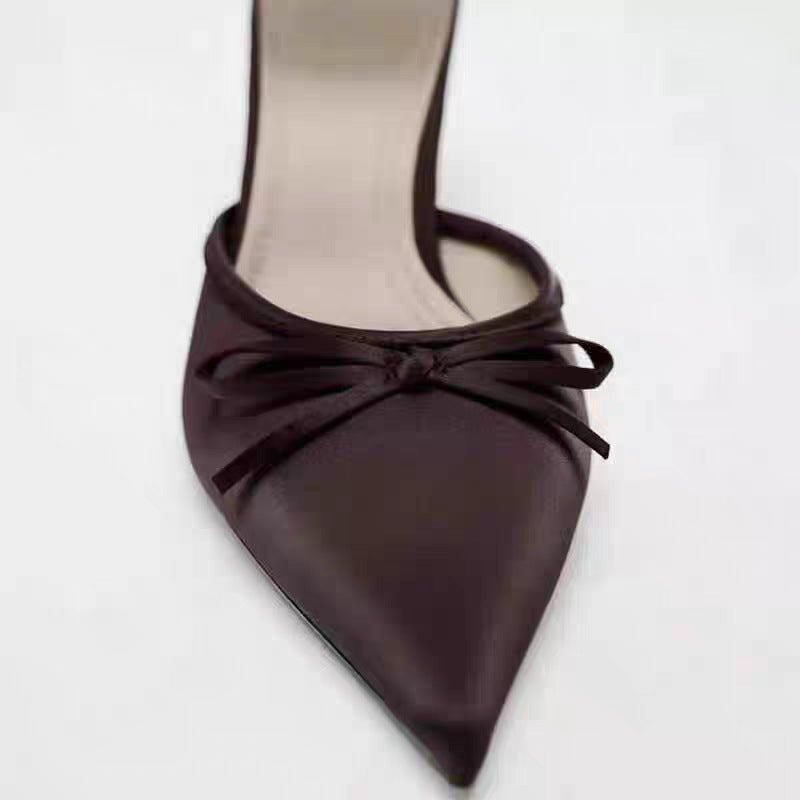 Damen Spitz zulaufende Satinähnliche Mule mit zierlicher Schleifen-Applikation und schlankem Stiletto-Absatz Drune