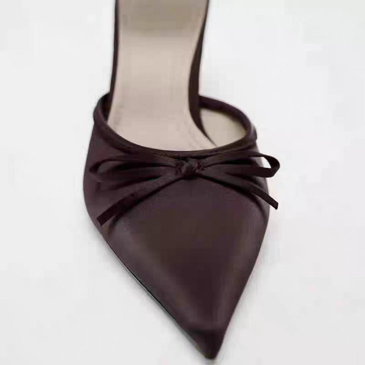 Damen Spitz zulaufende Satinähnliche Mule mit zierlicher Schleifen-Applikation und schlankem Stiletto-Absatz Drune