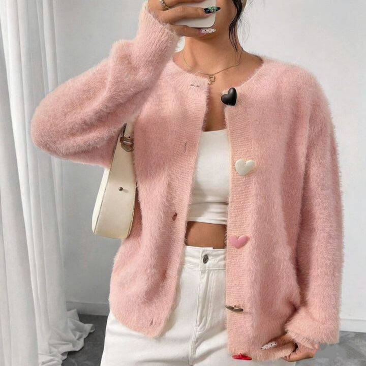 Damen Kuscheliger Flausch-Cardigan mit bunten Herzknöpfen und kastiger Silhouette Drune