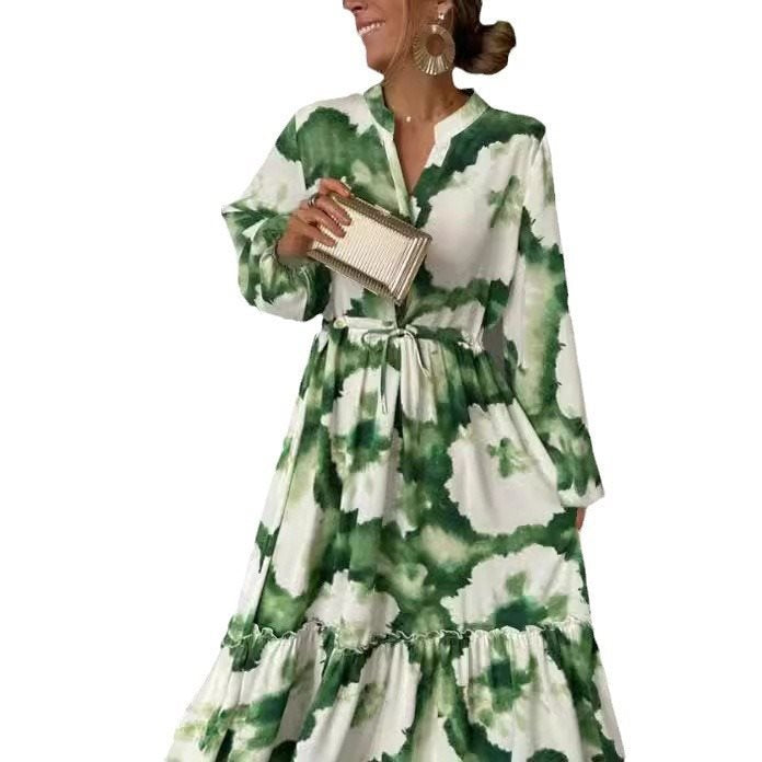 Damen Maxikleid mit modernen Aquarell-Muster und voluminösem Rock Drune