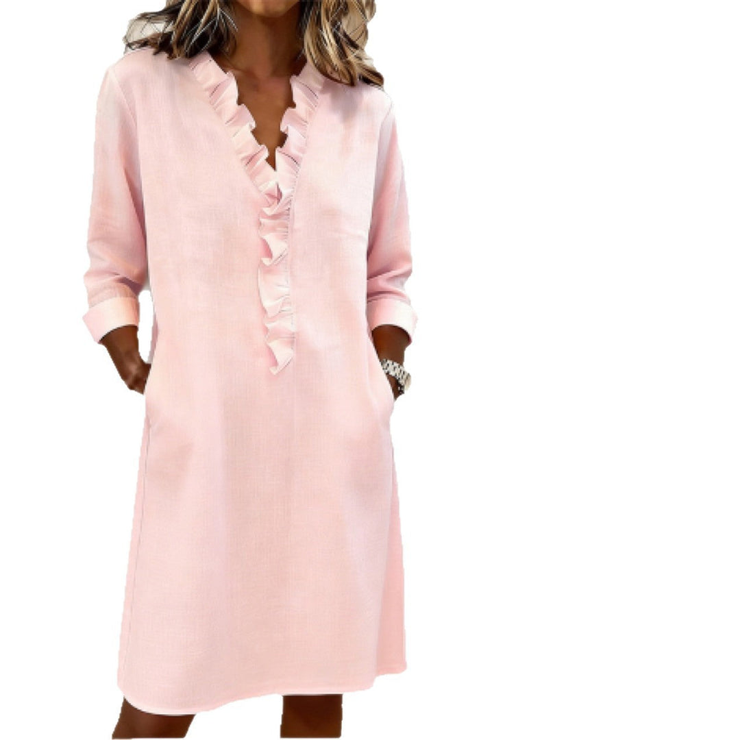 Damen Freizeitkleid mit Rüschen und V-Ausschnitt Drune
