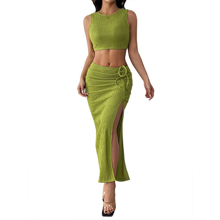 Damen Set aus Crop-Top und Maxirock mit raffinierten Rüschen und seitlichem Schlitz Drune