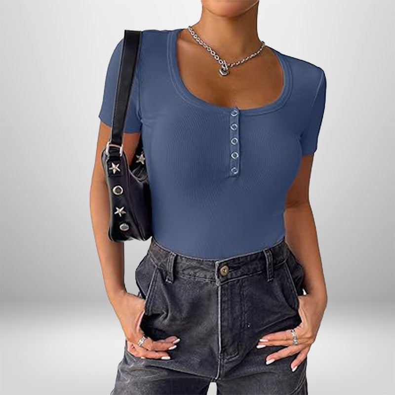 Damen Kurzarm Bodysuit mit Knopfdetails und figurbetonter Silhouette Drune