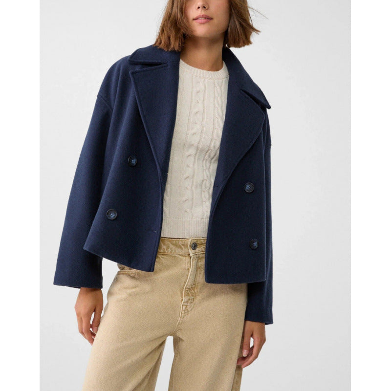 Damen Kurzer Zweireihiger Wollmix-Peacoat mit übergroßem Revers Drune