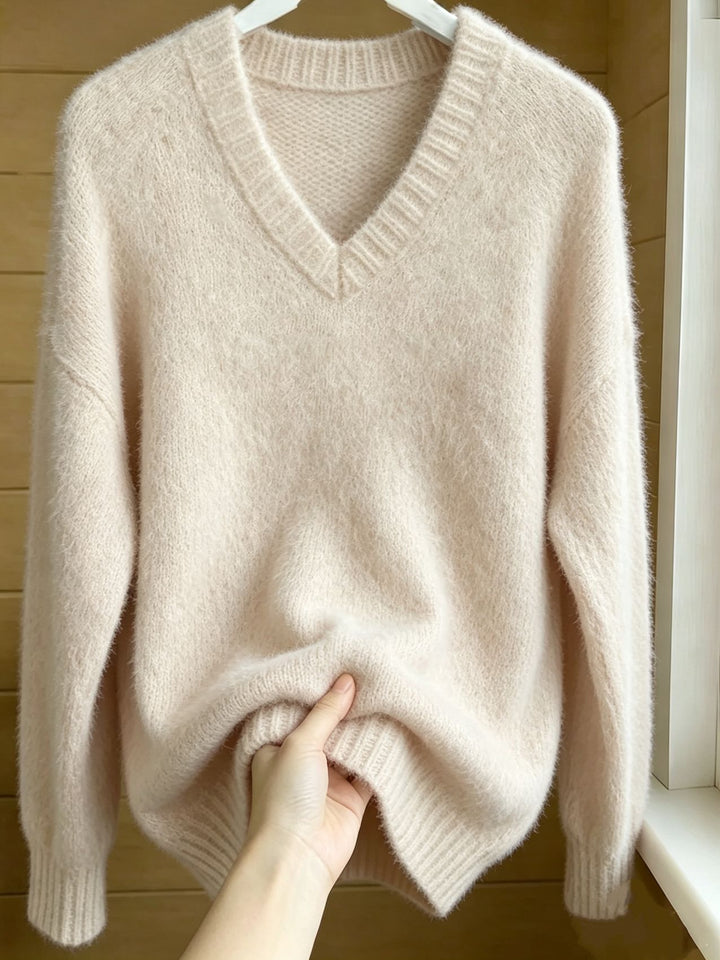 Damen Flauschiger Mohair-Mix Oversize-Pullover mit tiefem V-Kragen Drune