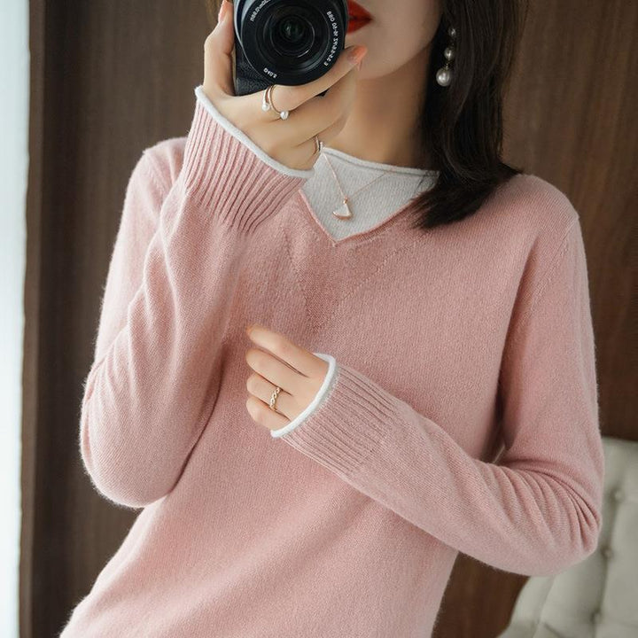 Damen Weicher V‑Ausschnitt-Pullover aus Kaschmir‑Look mit kontrastierter Kantenverzierung Drune