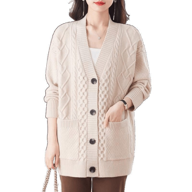 Damen gemütliche Strickjacke mit großem Zopfmuster Drune