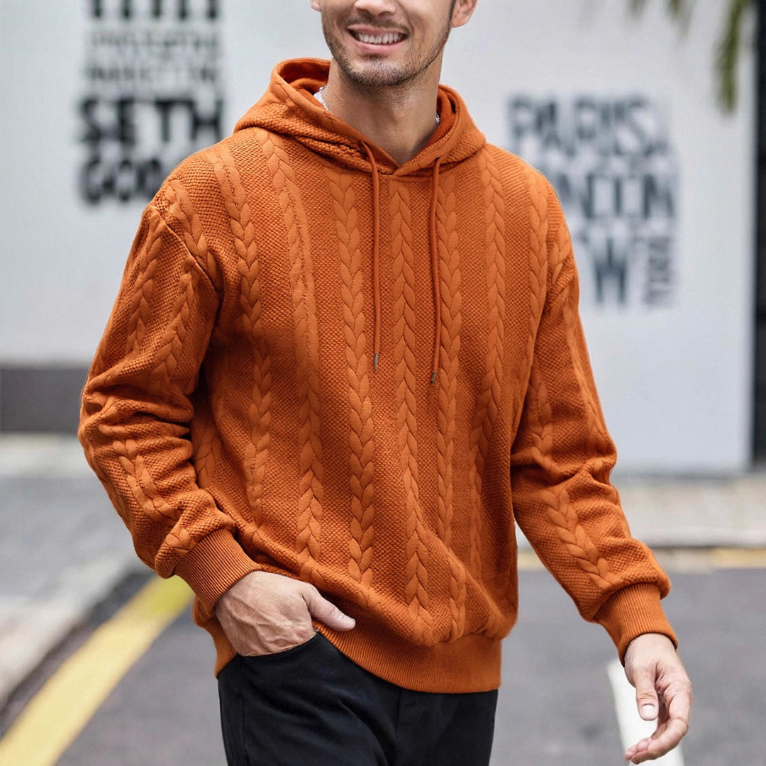 Herren strukturiertes Kapuzen-Sweatshirt mit Zopfstrick-Relief, Tunnelzug und Kängurutasche Drune
