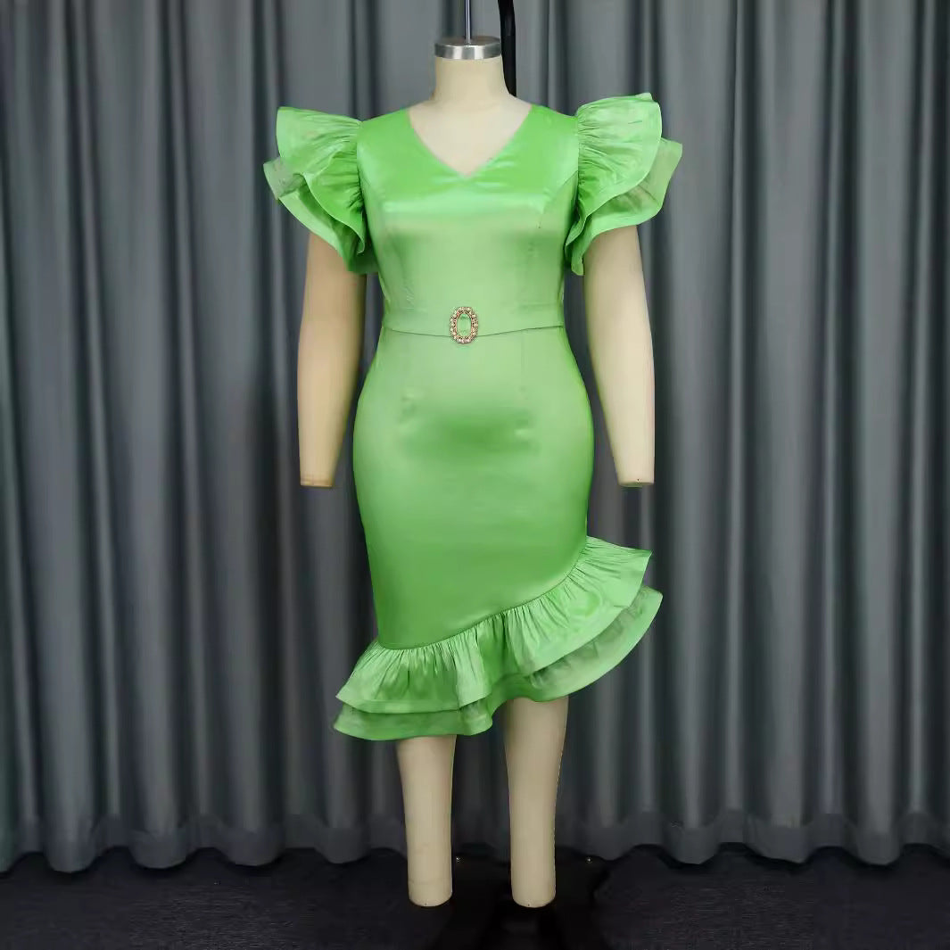 Damen elegantes Kleid mit voluminösen Rüschenärmeln und seitlichem Schlitz Drune