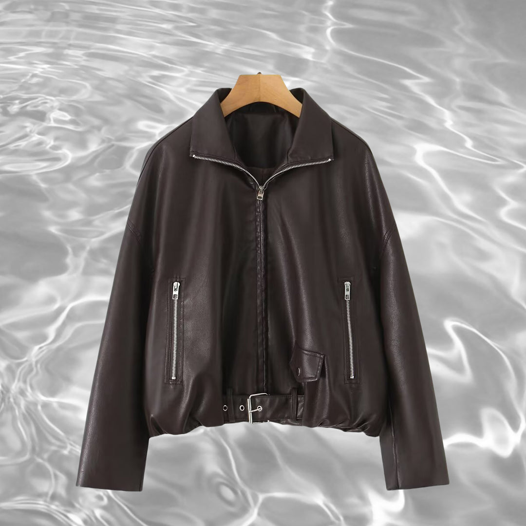 Damen Kunstlederjacke mit taillierbarem Gürtel und seitlichen Reißverschlusstaschen Drune