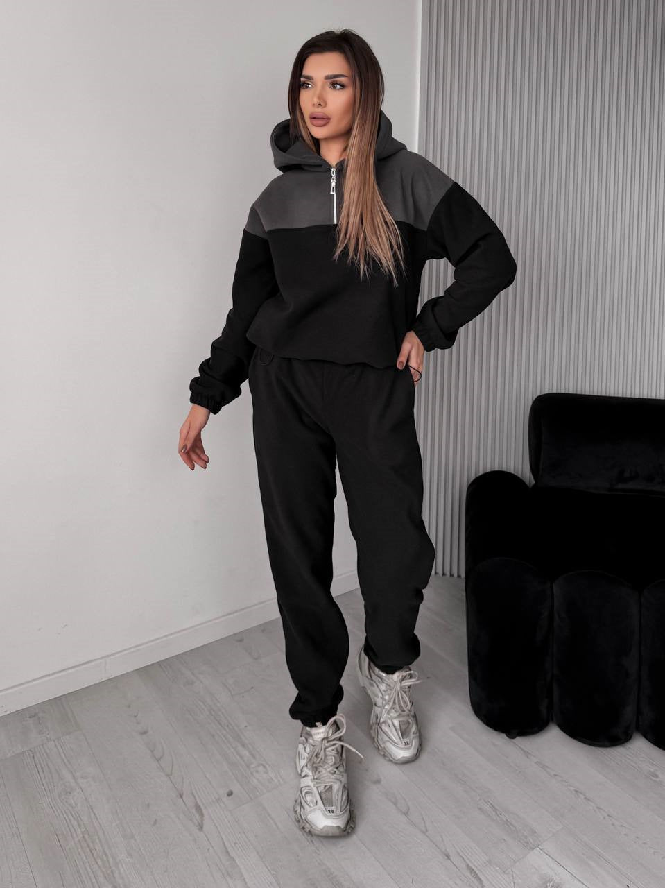 Damen Zweiteiliges Farbblock-Loungewear-Set mit halbem Reißverschluss und schmaler Jogginghose Drune