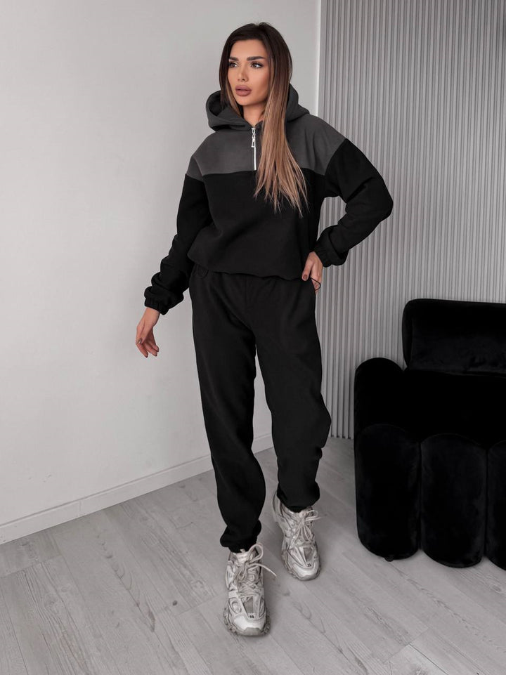 Damen Zweiteiliges Farbblock-Loungewear-Set mit halbem Reißverschluss und schmaler Jogginghose Drune