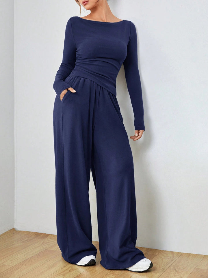 Damen Lässiges Two‑Piece Lounge‑Set mit U‑Boot‑Ausschnitt, taillierter Drapierung und weitem Palazzohose Drune