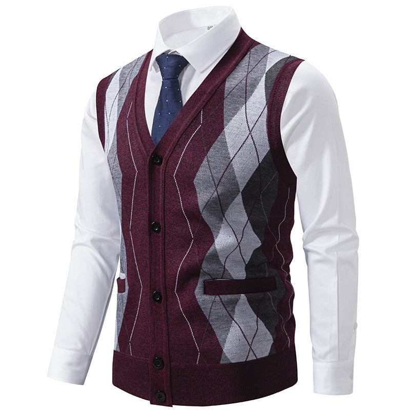 Herren Ärmellose Strickweste mit Rauten‑Muster, V‑Ausschnitt und Knopfleiste Drune