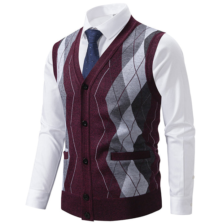 Herren Ärmellose Strickweste mit Rauten‑Muster, V‑Ausschnitt und Knopfleiste Drune