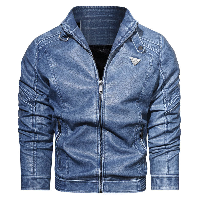 Herren Kunstleder‑Fliegerblouson im Used‑Denim‑Look mit Stehkragen und Reißverschlusstaschen Drune