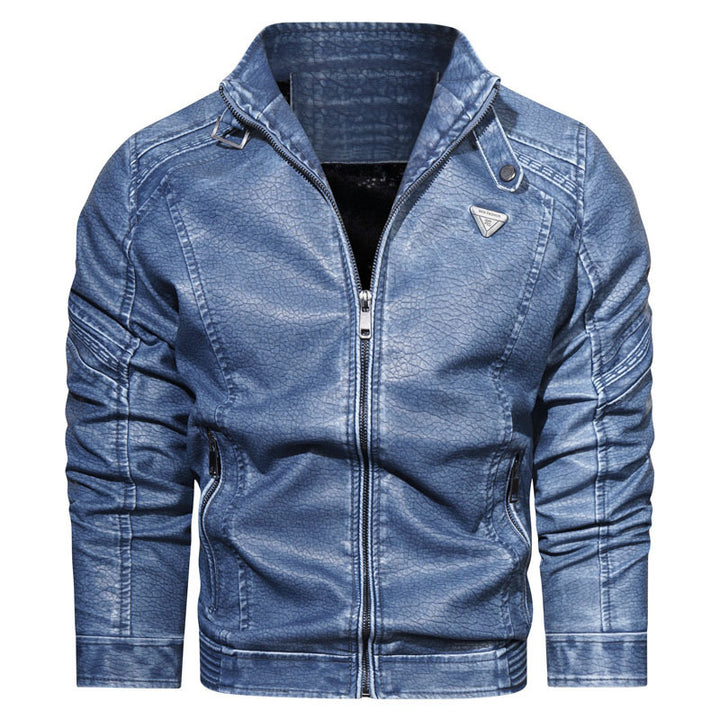 Herren Kunstleder‑Fliegerblouson im Used‑Denim‑Look mit Stehkragen und Reißverschlusstaschen Drune