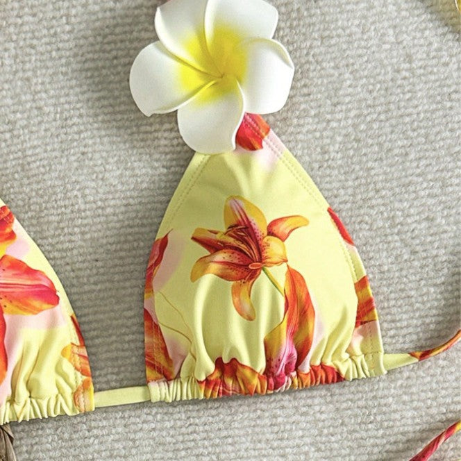Damen Triangel-Bikini mit floralen Akzenten und verstellbaren Bindebändern Drune