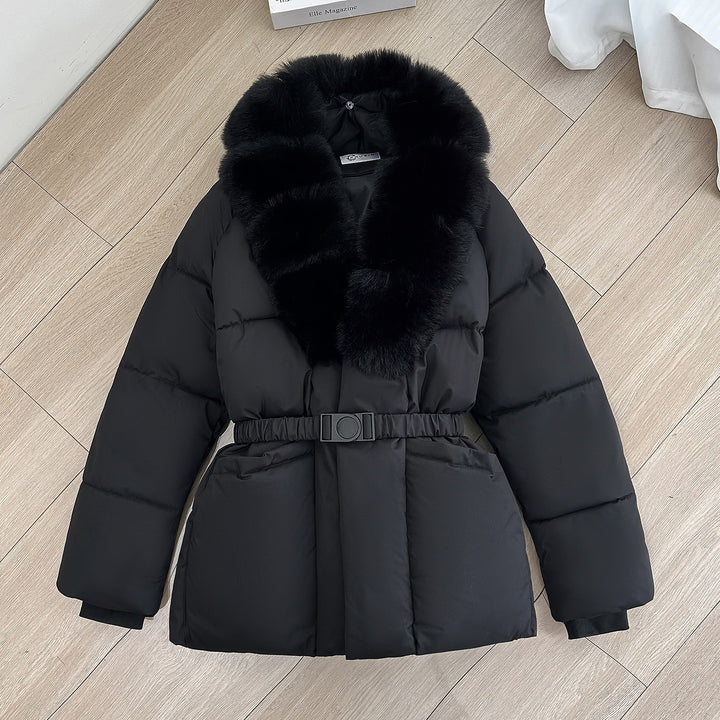 Damen Taillierte Kurz-Steppjacke mit voluminösem Schalkragen aus Kunstfell und Ziergürtel Drune