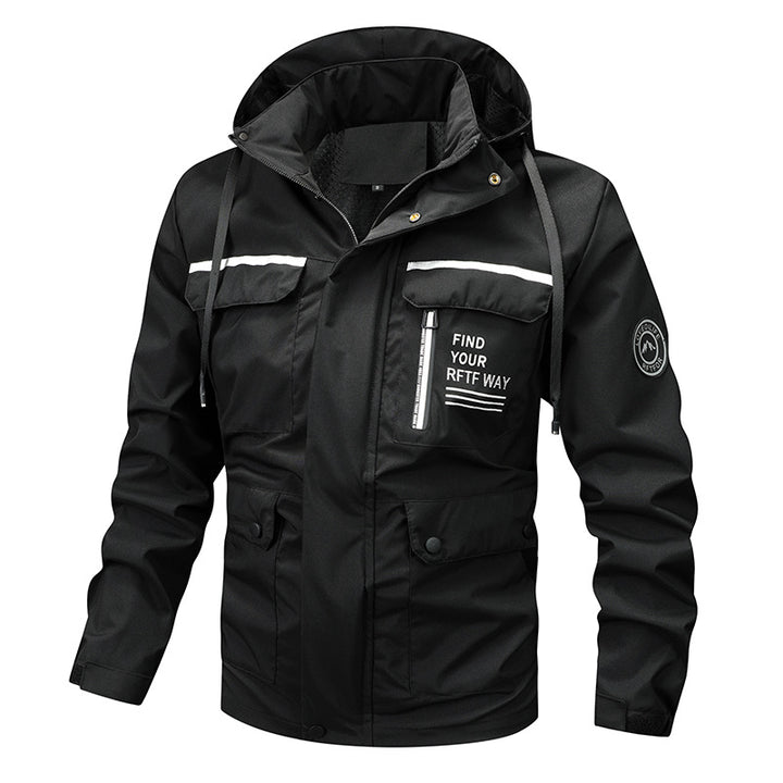 Herren nan wasserfeste Kapuzen-Regenjacke mit Mehrfach-Taschen und winddichter Membran Drune