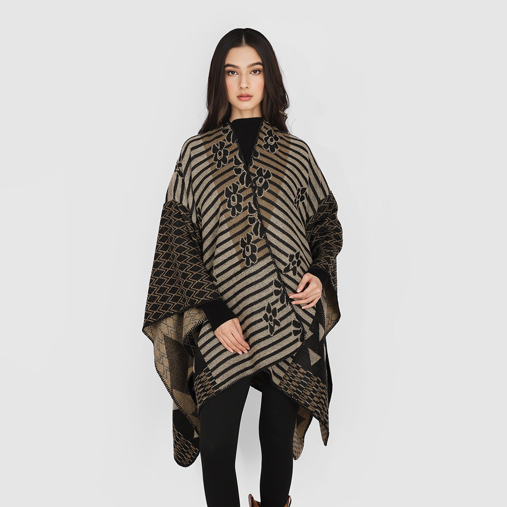 Damen Vielseitiger Strickponcho im Patchwork-Jacquard mit V-Ausschnitt und asymmetrischem Zipfelsaum Drune
