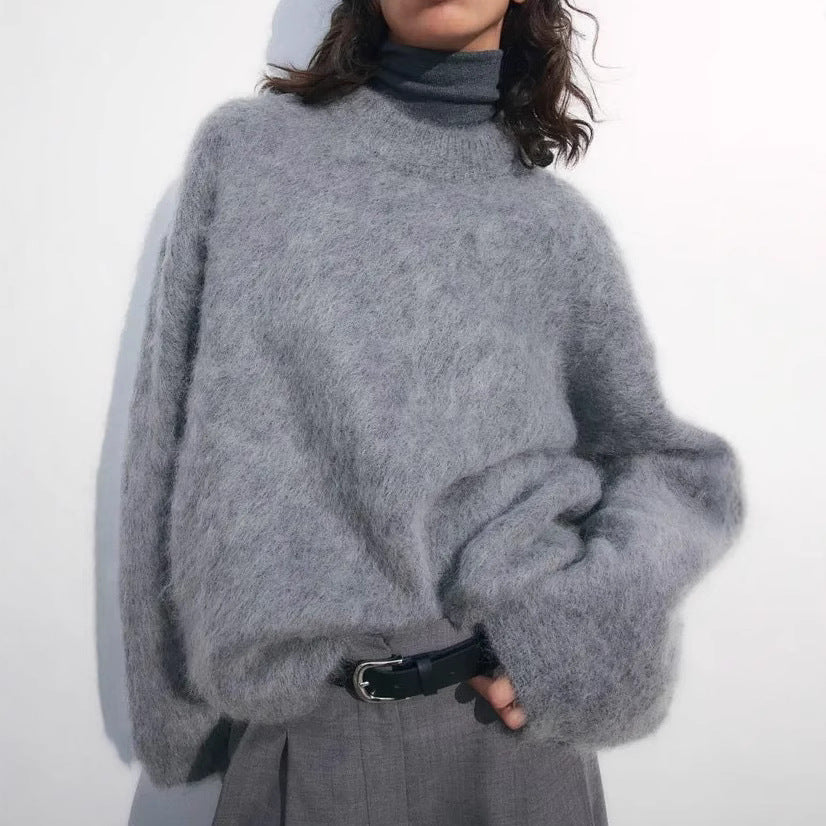 Damen oversized Kuschelpullover mit hohem Kragen aus Mohair Drune