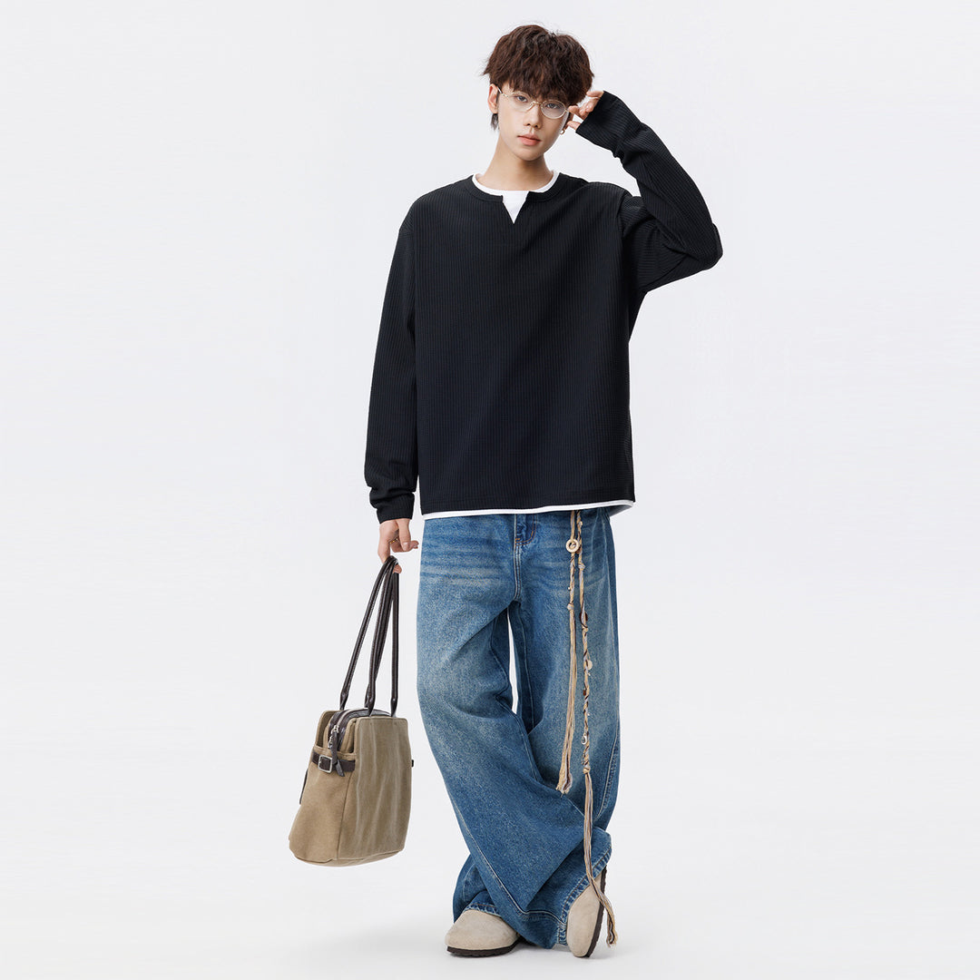 Herren Oversized Waffelstruktur-Sweatshirt mit V-Ausschnitt und Lagenoptik Drune