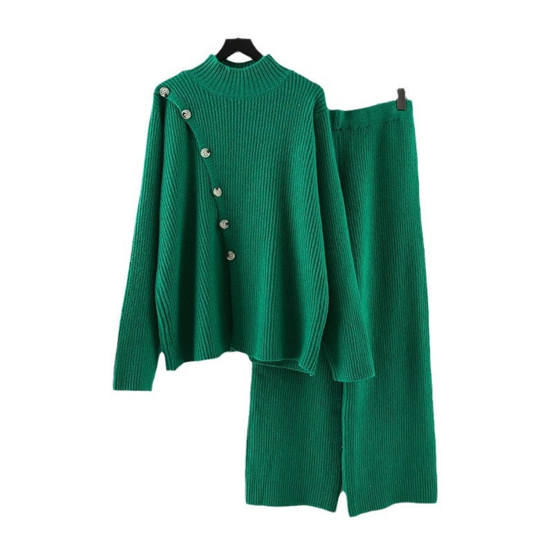 Damen Strickensemble mit hohem Kragen und eleganten Knopfdetails Drune