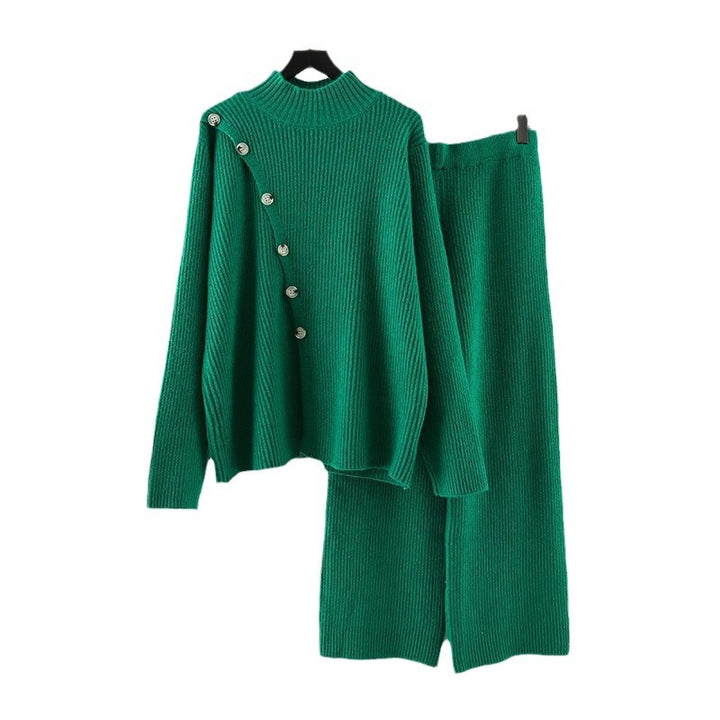 Damen Strickensemble mit hohem Kragen und eleganten Knopfdetails Drune