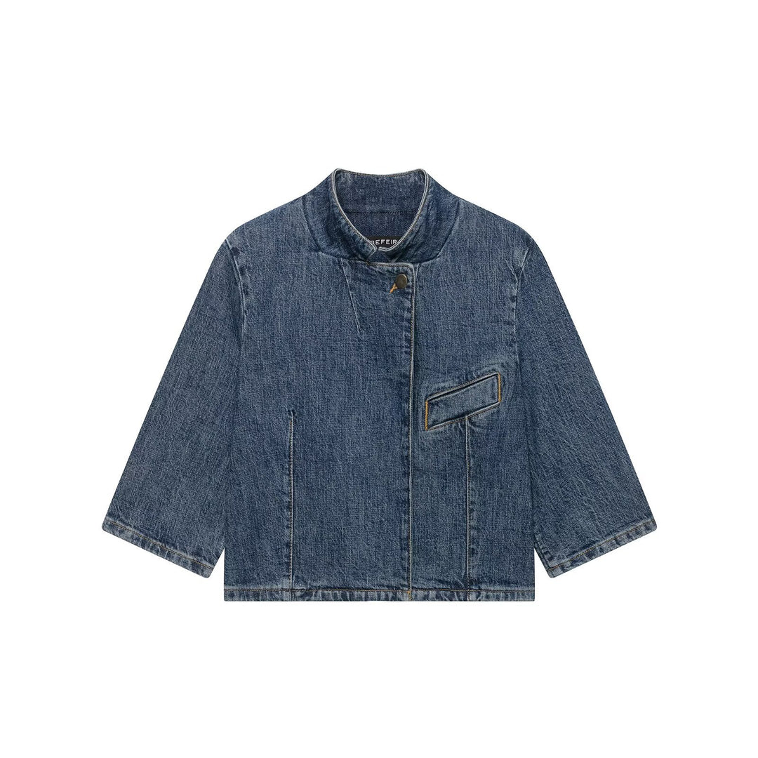 Damen Cropped Denim Cape‑Jacke mit Stehkragen, kastiger Silhouette und 3/4‑Ärmeln Drune