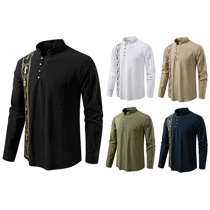 Herren Langärmeliges Baumwoll-Henleyhemd mit Stehkragen und ethnischer Vertical-Stickerei Drune
