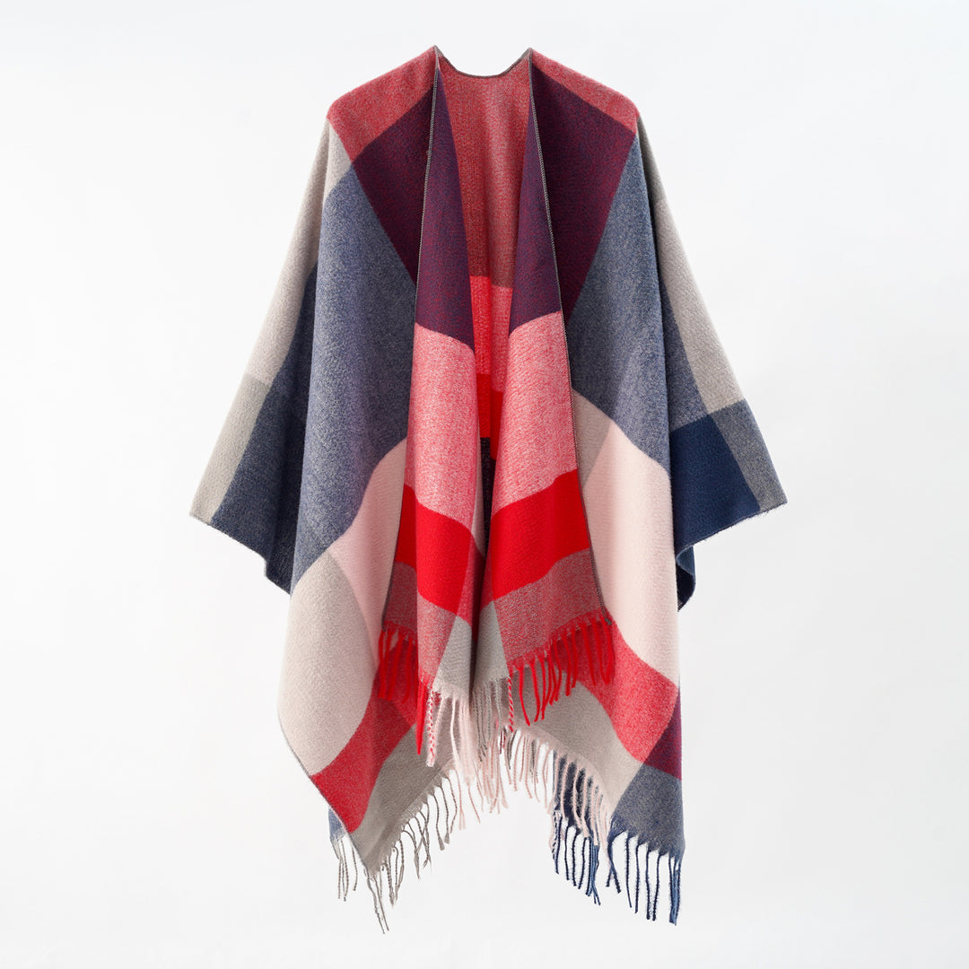 Damen Weiches Oversize-Cape aus Wollmischung mit großem Blockmuster und Fransensaum Drune