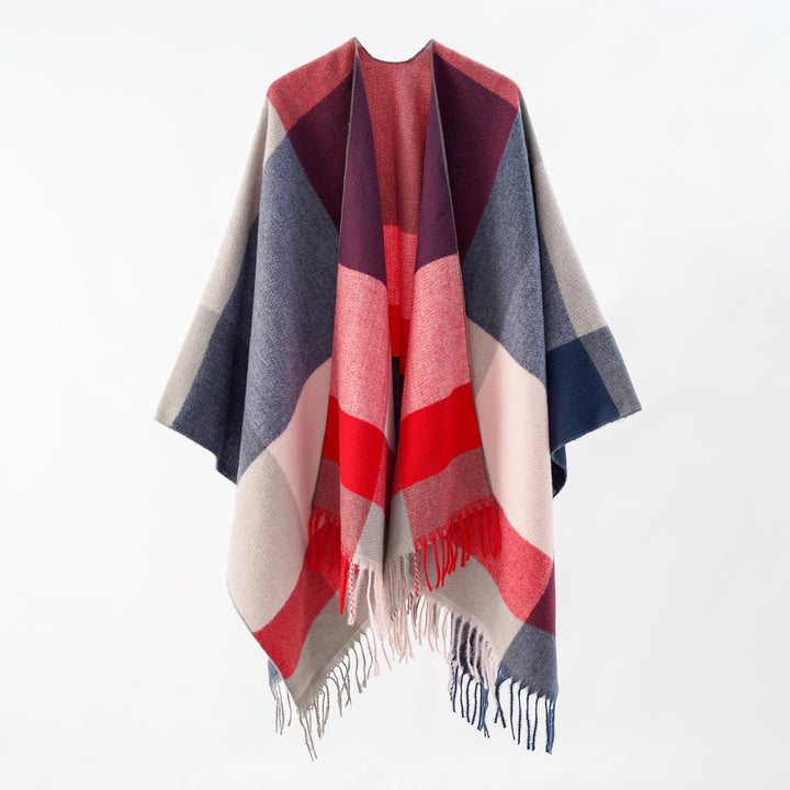 Damen Weiches Oversize-Cape aus Wollmischung mit großem Blockmuster und Fransensaum Drune