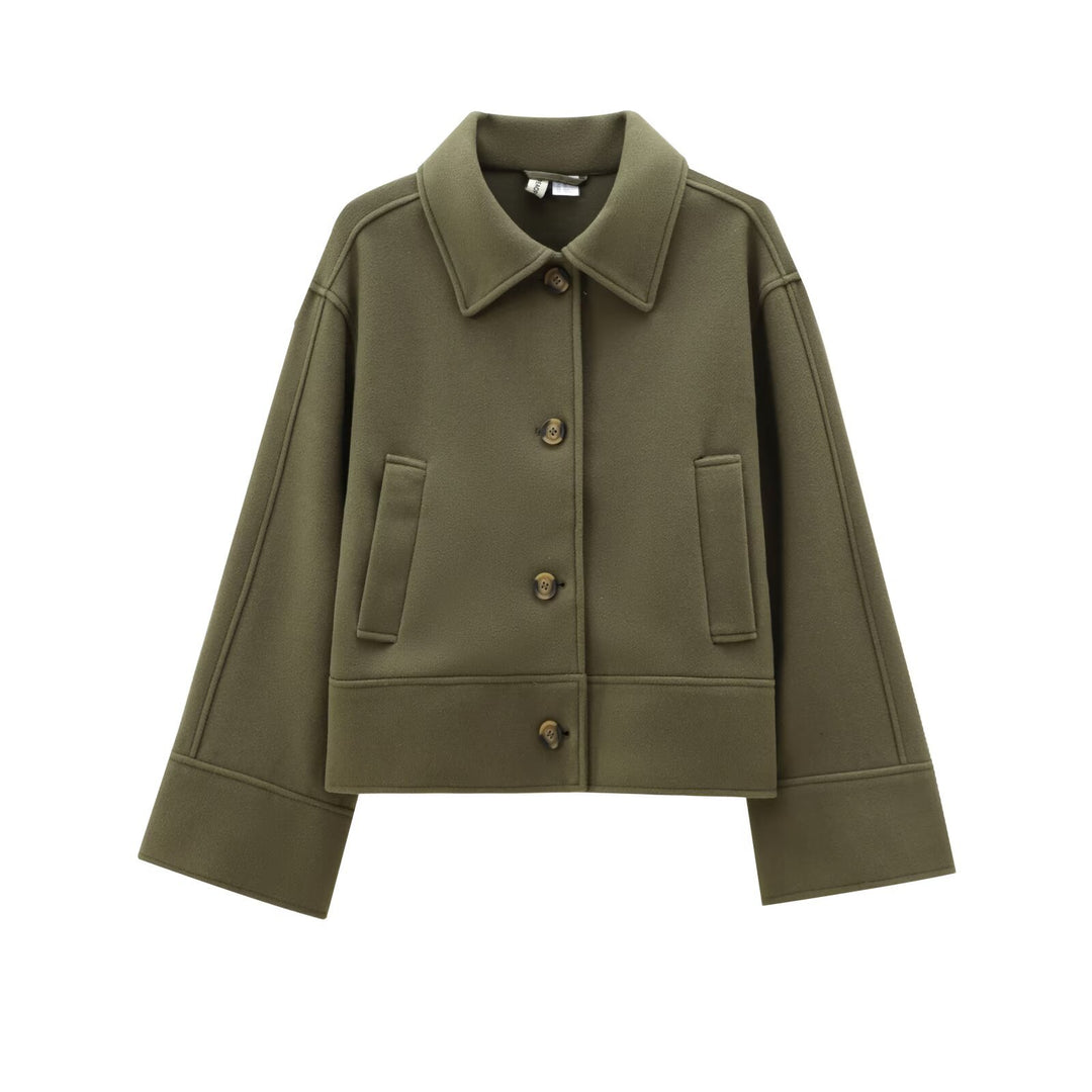 Damen Kurz geschnittene Wollmix-Boxyjacke mit überschnittener Schulter und Pattentaschen Drune