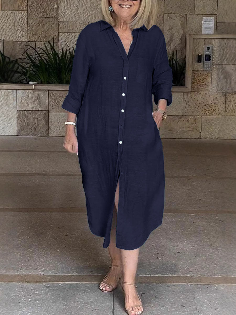 Damen Leichtes Sommerkleid mit Knopfleiste und langen Ärmeln Drune