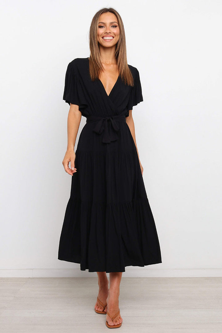 Damen Fließendes Maxi-Kleid mit Wickelbindung und Schmetterlingsärmeln Drune