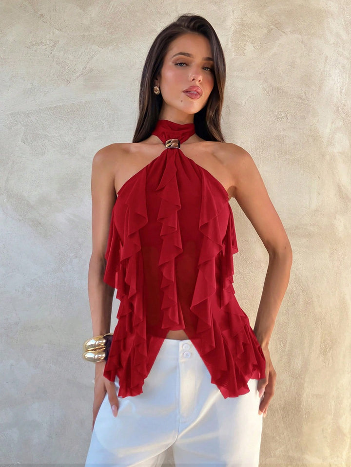 Damen Top mit asymmetrischem Schnitt und dekorativen Rüschen Drune