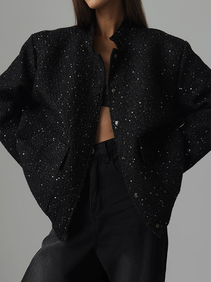 Damen Glamouröse Glitzerjacke mit oversized Schnitt und modischen Taschen Drune