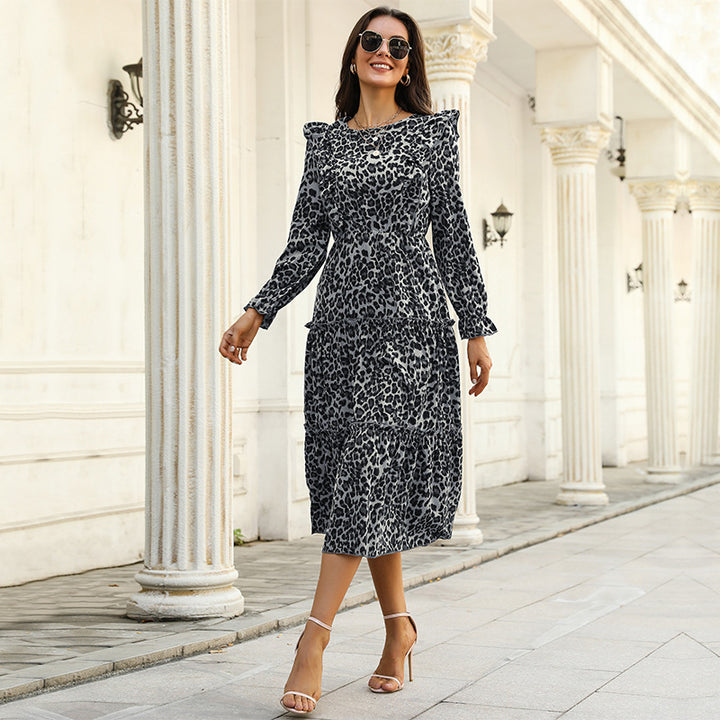 Damen Stufen-Midikleid mit Volantrock, Leo‑Print und elastischen Ärmelabschlüssen Drune