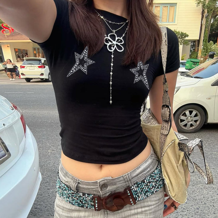 Damen Crop-Top mit glamourösen Sternenapplikationen Drune