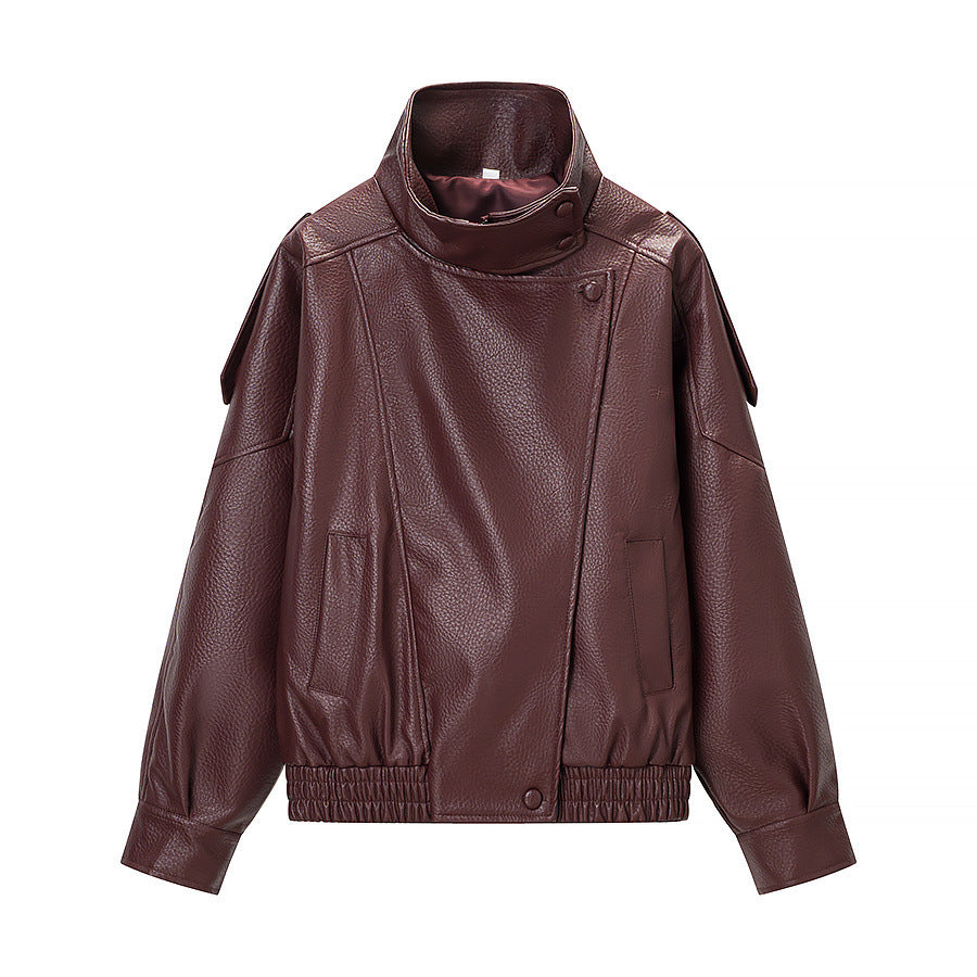 Damen Oversized Kunstlederjacke mit hohem Stehkragen, asymmetrischer Knopfleiste und elastischem Saum Drune