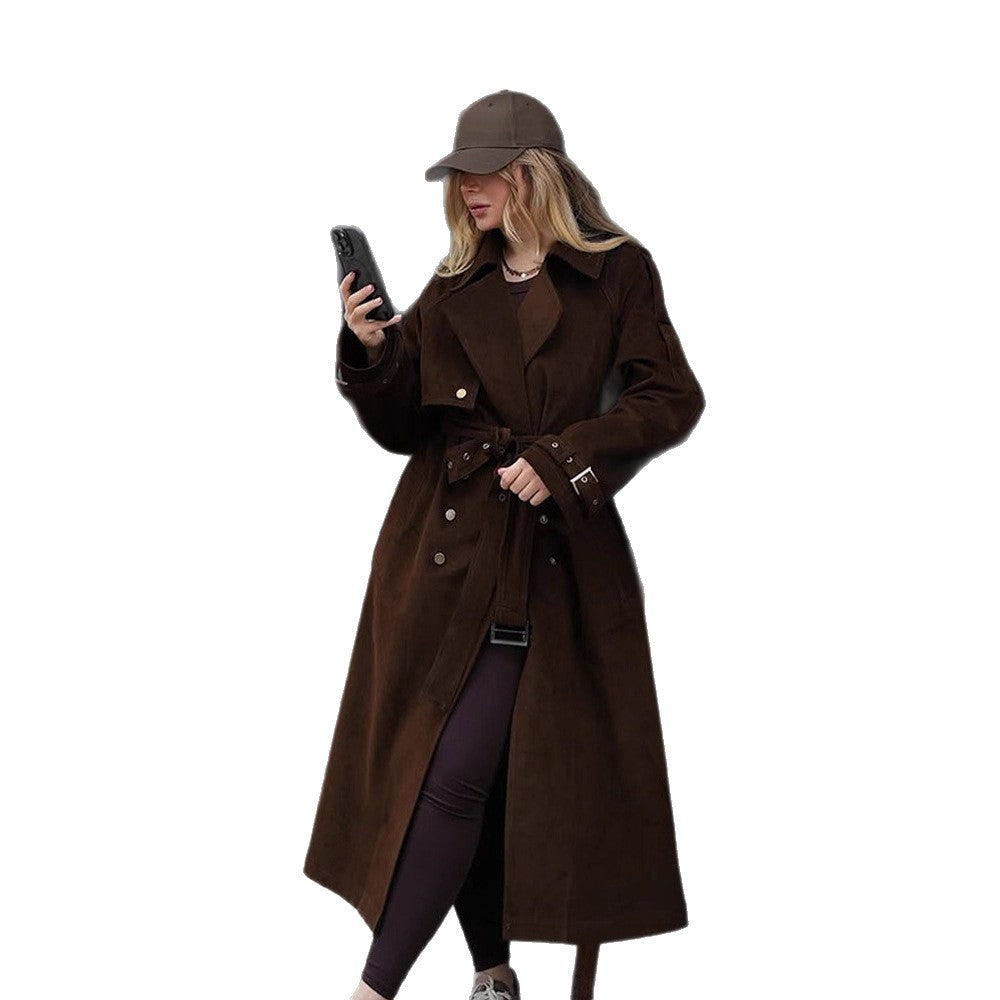Damen Maxilanger Trenchcoat aus Veloursoptik mit doppelreihiger Knopfleiste und oversized Schnitt Drune