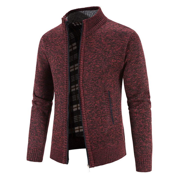 Herren nan Strickjacke mit durchgehendem Reißverschluss, Stehkragen und kariertem Futter Drune