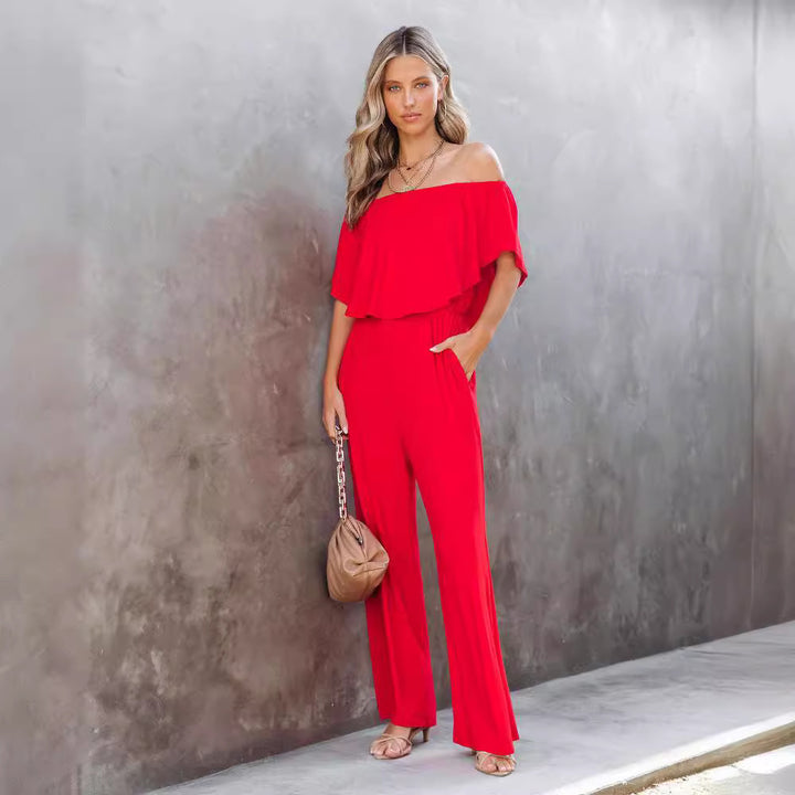 Damen Off-Shoulder Jumpsuit mit weitem Bein und elastischem Bund Drune