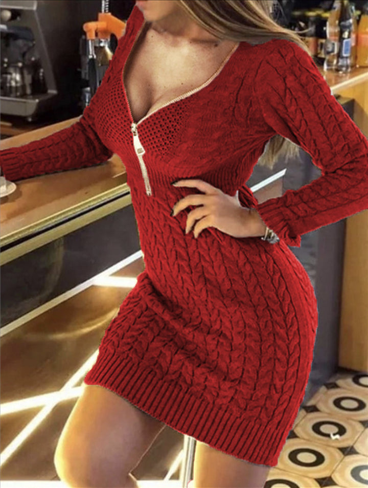 Damen Strickkleid mit engem Schnitt und dekorativer Reißverschlussdetails Drune
