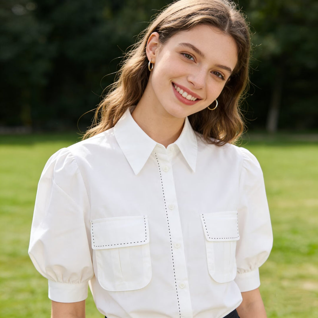 Damen Hemdbluse mit Puffärmeln, aufgesetzten Brusttaschen und dekorativer Naht Drune