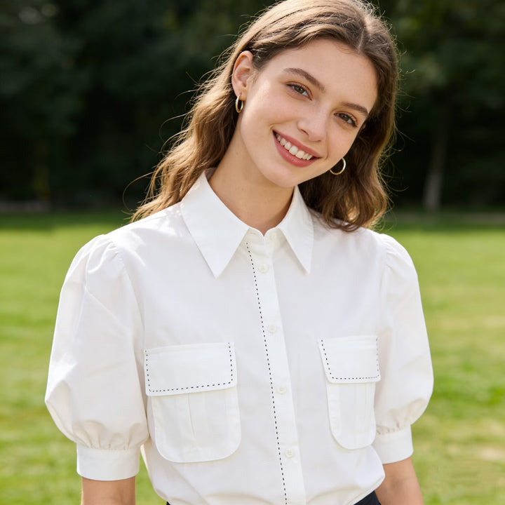 Damen Hemdbluse mit Puffärmeln, aufgesetzten Brusttaschen und dekorativer Naht Drune
