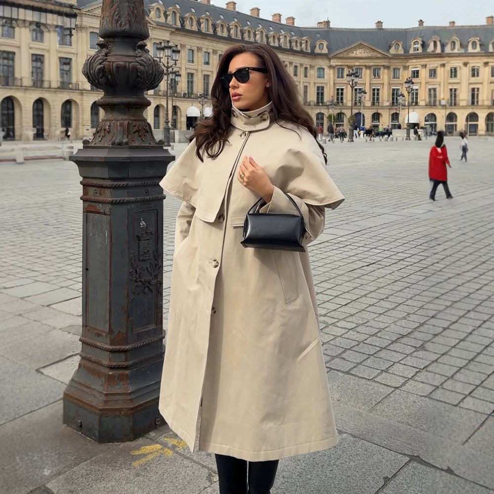 Damen Oversize-Trenchcoat mit Cape-Detail und hohem Stehkragen Drune